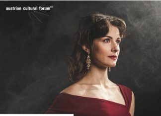 Nothing in Between, the simple, complicated life of Hedy Lamarr / Kulturforum Kairo Das Bild zeigt die Schauspielerin und Sängerin Janine Hickl während einer Aufführung in einem dunkelroten, eleganten Kleid. Aus einem dunklen, nebligen Hintergrund tritt Hickl dank starker Beleuchtung hervor.