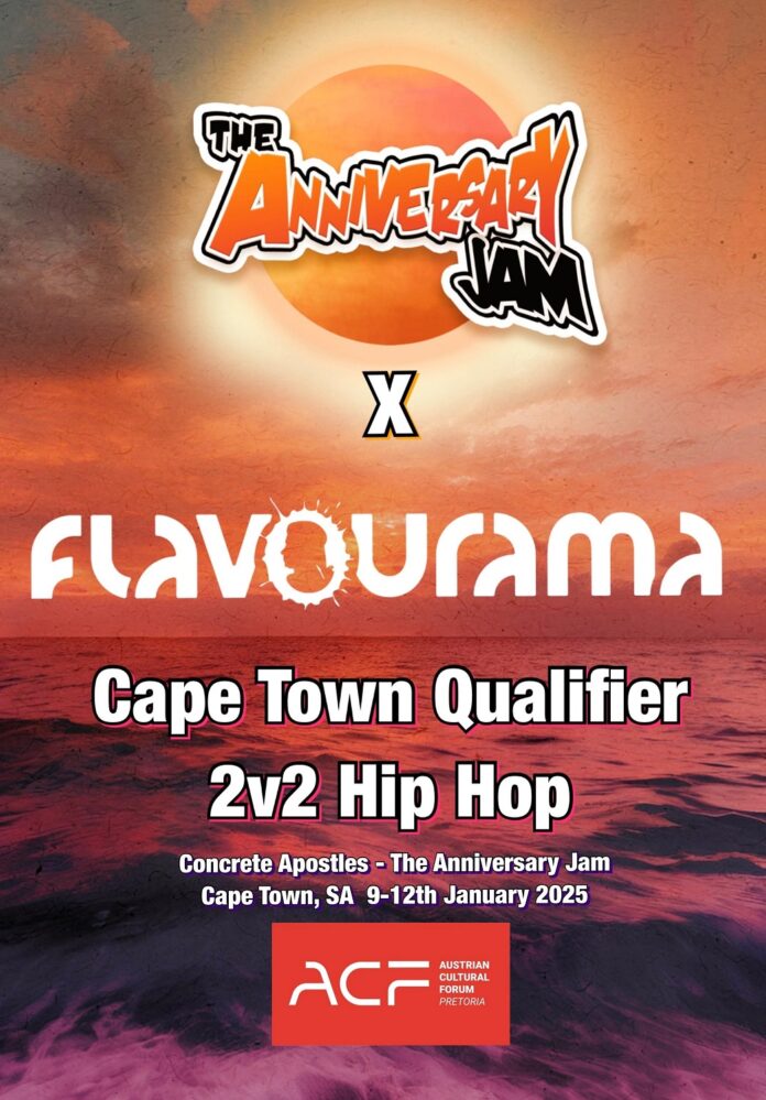 Das Bild zeigt ein Poster der Veranstaltung mit Meereshintergrund und Sonnenuntergang mit dem Schriftzug: „The Anniversary Jam/Flavourama Cape Town Qualifier, 2v2 Hip Hop“