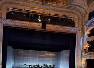 Johann Strauss Abend / Kulturforum Zagreb Das Bild zeigt Irene Suchy auf der Bühne während ihres Vortrags. Weil das Foto von der Ferne gemacht wurde, kann man sie nicht gut erkennen, aber sie trägt eine schwarze Hose und eine lange rote Jacke. Hinter ihr ist das Orchester in einem Halbkreis aufgestellt und wird mit kaltem blauen Licht beleuchtet. In der vorderen Hälfte des Bilds sind die Köpfe des sitzenden Publikums zu sehen. Der Konzertsaal ist weiß mit vielen goldenen Akzenten.