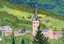 Animationsfilm / Kulturforum Brüssel Das Bild zeigt oben und unten eine Szene aus dem Film Radstadt. Das Bild zeigt ein Gemälde eines österreichischen ländlichen Dorfes, gezeichnet in einem Aquarell-Cartoon-Stil.