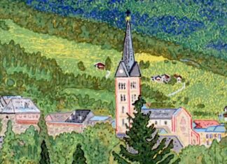 Animationsfilm / Kulturforum Brüssel Das Bild zeigt oben und unten eine Szene aus dem Film Radstadt. Das Bild zeigt ein Gemälde eines österreichischen ländlichen Dorfes, gezeichnet in einem Aquarell-Cartoon-Stil.