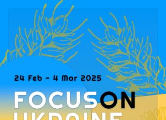 Focus on Ukraine / Kulturforum Budapest Das Bild zeigt das Logo von „Focus on Ukraine“ in den ukrainischen Nationalfarben
