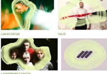 Indie Rock, Pop und Post-Punk aus Österreich / Kulturforum Laibach Das Bild zeigt jeweils ein Foto der drei österreichischen Bands sowie ein Wellensymbol.