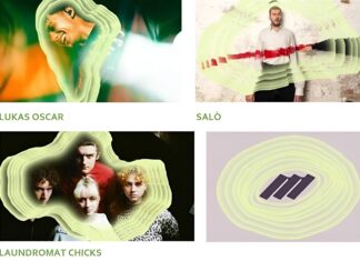 Indie Rock, Pop und Post-Punk aus Österreich / Kulturforum Laibach Das Bild zeigt jeweils ein Foto der drei österreichischen Bands sowie ein Wellensymbol.