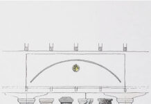 Hans Hollein transFORMS / Centre Pompidou Paris / Kulturforum Paris Das Bild zeigt eine Teilansicht der Skizze der „Strada Novissima“, die bei der „Architekturbiennale Venedig 1980“ gezeigt wurde.