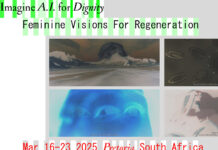 KI Ausstellung / Kulturforum Pretoria Das Bild zeigt ein färbiges modernes Ausstellungposter mit vier Bildern und dem Titel und Datum der Ausstellung in Südafrika.