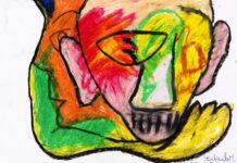 WAS DENKEN SIE? / Kulturforum Rom Das Bild zeigt ein Kunstwerk von Michael Vonbank, mit dem Namen „Das Recht nichts sagen zu dürfen“. Es ist ein 12-Farben-Pigmentdruck auf Papier und bildet einen Kopf mit Mund, Ohren, einem Auge und einer Nase ab.