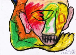 WAS DENKEN SIE? / Kulturforum Rom Das Bild zeigt ein Kunstwerk von Michael Vonbank, mit dem Namen „Das Recht nichts sagen zu dürfen“. Es ist ein 12-Farben-Pigmentdruck auf Papier und bildet einen Kopf mit Mund, Ohren, einem Auge und einer Nase ab.