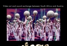 Multimedialer Austausch / Kulturforum Pretoria Das Bild zeigt eine multimedial erstellte Welt mit vielen bunten Wesen mit runden großen Köpfen ohne Gesichter. Das Bild zeigt auch den Titel der Veranstaltung „MERGE“ in verronnen Goldbuchstaben, die Namen der Künstlerinnen und Künstler, das Datum und den Ort „BIOSCOPE“ (ein alternatives Kino) der Veranstaltung in Johannesburg, Südafrika.