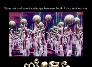 Multimedialer Austausch / Kulturforum Pretoria Das Bild zeigt eine multimedial erstellte Welt mit vielen bunten Wesen mit runden großen Köpfen ohne Gesichter. Das Bild zeigt auch den Titel der Veranstaltung „MERGE“ in verronnen Goldbuchstaben, die Namen der Künstlerinnen und Künstler, das Datum und den Ort „BIOSCOPE“ (ein alternatives Kino) der Veranstaltung in Johannesburg, Südafrika.