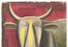 Future of Melancholia / Kulturforum Belgrad Das Bild zeigt einen schwarz-gelben Stier auf rotem Hintergrund – ein Werk von Susanne Wenger namens Traumgesichte – der wilde Stier, 1943/44