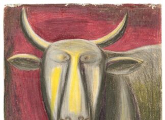 Future of Melancholia / Kulturforum Belgrad Das Bild zeigt einen schwarz-gelben Stier auf rotem Hintergrund – ein Werk von Susanne Wenger namens Traumgesichte – der wilde Stier, 1943/44