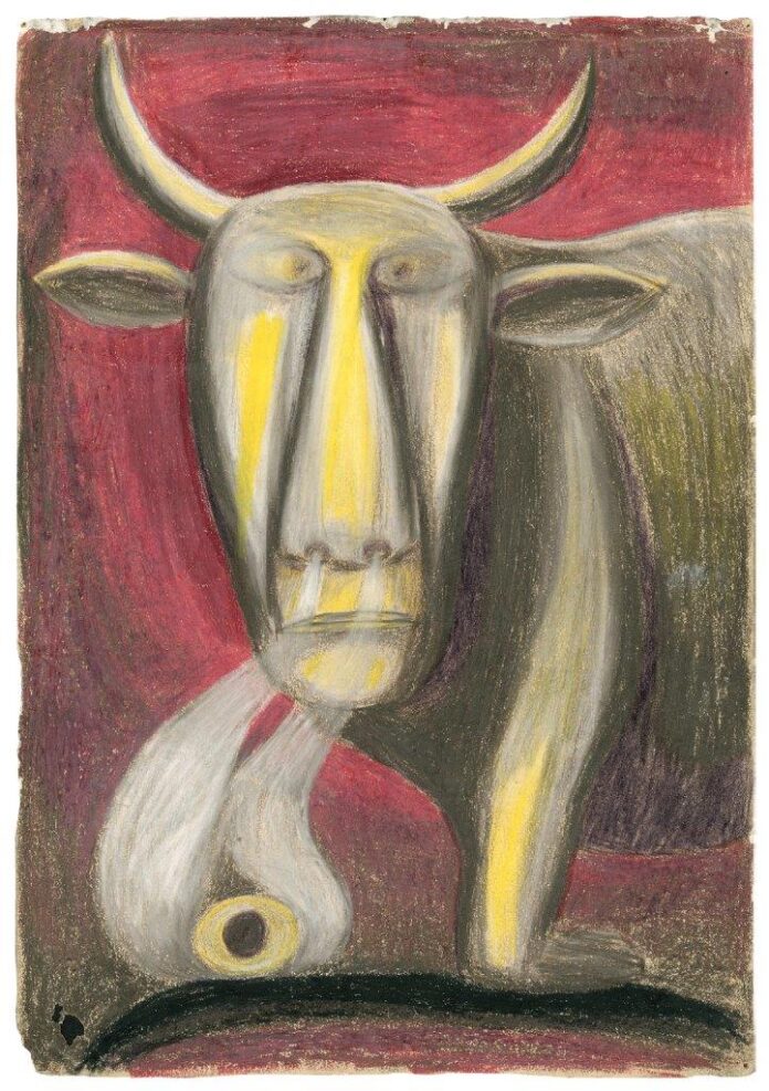 Das Bild zeigt einen schwarz-gelben Stier auf rotem Hintergrund – ein Werk von Susanne Wenger namens Traumgesichte – der wilde Stier, 1943/44