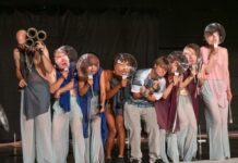 Eva Reiter – The Rise / Kulturforum Brüssel Das Bild zeigt eine Szene aus dem Theaterstück „The Rise“. Sieben Personen sind auf einem Podium zu sehen. Alle halten Glasstücke, die wie Seifenblasen aussehen, vor ihren Augen.