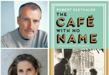 Lesung mit Robert Seethaler / Kulturforum London Das Bild zeigt links oben ein Porträt von Robert Seethaler, der in einem grauen Pullover direkt in die Kamera schaut. Rechts unten befindet sich ein weiteres Porträt von Charlotte Collins, der Übersetzerin, die freundlich in die Kamera lächelt. Auf der rechten Seite ist das Buchcover von The Café with No Name abgebildet.