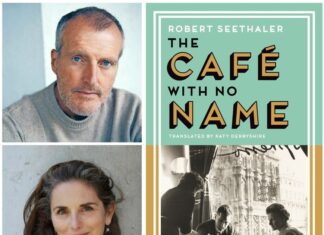 Lesung mit Robert Seethaler / Kulturforum London Das Bild zeigt links oben ein Porträt von Robert Seethaler, der in einem grauen Pullover direkt in die Kamera schaut. Rechts unten befindet sich ein weiteres Porträt von Charlotte Collins, der Übersetzerin, die freundlich in die Kamera lächelt. Auf der rechten Seite ist das Buchcover von The Café with No Name abgebildet.