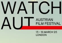 watchAUT Austrian Film Festival 2025 / Kulturforum London Das Poster für watchAUT 2025 zeigt eine Szene des Films ‚Pfau‘, wo der Hauptdarsteller den ‚Held‘ spielt und versucht einen brennenden Golfbuggy mit Hilfe einer Frau auszulöschen