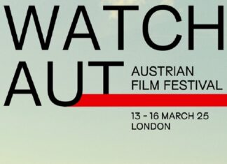 watchAUT Austrian Film Festival 2025 / Kulturforum London Das Poster für watchAUT 2025 zeigt eine Szene des Films ‚Pfau‘, wo der Hauptdarsteller den ‚Held‘ spielt und versucht einen brennenden Golfbuggy mit Hilfe einer Frau auszulöschen