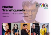 Lea Hausmann in Guadalajara / Kulturforum Mexiko Gezeichneter Musiker im Hintergrund; im Vordergrund Veranstaltungsdetails und Fotos von auftretenden Künstlern