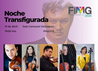 Lea Hausmann in Guadalajara / Kulturforum Mexiko Gezeichneter Musiker im Hintergrund; im Vordergrund Veranstaltungsdetails und Fotos von auftretenden Künstlern