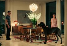 Diagonale goes Marseille / Kulturforum Paris Das Bild zeigt eine Frau, einen Mann und eine schwarze Dogge in einem eleganten Esszimmer.