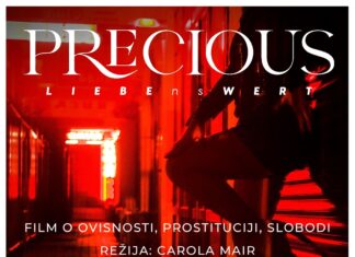 Precious_LIEBEnsWERT / Kulturforum Sarajewo Das Bild zeigt eine dunkle Frauensilhouette vor rotem Hintergrund und einen Infotext zur Veranstaltung in weiß.