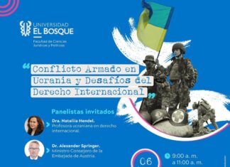 Krieg und Völkerrecht in der Ukraine / Botschaft Bogotá Das Bild zeigt die drei Panelisten: Dr. Nataliia Hendel, Dr. Alexander Springer und Felipe Higuera sowie den Moderator der Veranstaltung, Professor Camilo Ramirez. Auf der Grafik sind auch das Logo der Österreichischen Botschaft Bogotá und das Logo der Fakultät für Rechts- und Politikwissenschaften der Universidad El Bosque zu sehen.