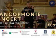 Frankophonie Konzert / Botschaft Helsinki Das Bild zeigt die Einladung zum Frankophonie-Konzert 2025; als Programm Werke von Mozart, Schönberg und Fauré; im Hintergrund ein Bild des Kammerorchesters Helsinki