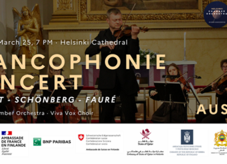 Frankophonie Konzert / Botschaft Helsinki Das Bild zeigt die Einladung zum Frankophonie-Konzert 2025; als Programm Werke von Mozart, Schönberg und Fauré; im Hintergrund ein Bild des Kammerorchesters Helsinki