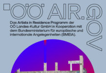 Neues Programm für Artists in Residence / verschiedene Orte Das Bild zeigt die Information zum Residenzprogramm und ein Gebäude mit bunten Farben.