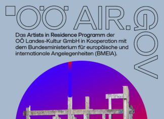 Neues Programm für Artists in Residence / verschiedene Orte Das Bild zeigt die Information zum Residenzprogramm und ein Gebäude mit bunten Farben.