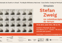 Symposium / Botschaft Brasília Das Bild zeigt das Ankündigungsposter mit einer Serie an historischen Porträtfotos von Stefan Zweig.