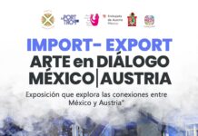 Projekt Import – Export MX/AT 2025 / Kulturforum Mexiko Im Hintergrund ein blau-violett gezeichnetes Haus und im Vordergrund die Titel, Ort, Datum, Zeit der Veranstaltung und Logos der Veranstalter.