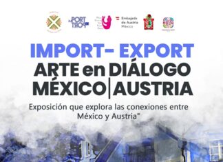 Projekt Import – Export MX/AT 2025 / Kulturforum Mexiko Im Hintergrund ein blau-violett gezeichnetes Haus und im Vordergrund die Titel, Ort, Datum, Zeit der Veranstaltung und Logos der Veranstalter.