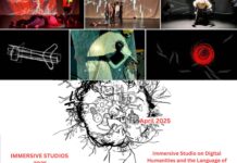 Immersive Studios / Kulturforum Pretoria Das Bild zeigt die Ankündigung der Veranstaltungsserie „Immersive Studios“ mit den Datumsangaben und vielen kleinformatigen Fotos, die wiederum künstlerische Arbeiten der letzten Jahre in Südafrika abbilden. In der Mitte des Bildes befindet sich kleine hangzeichnete Skizze mit verschiedenen Objekten.