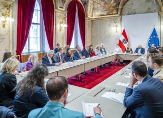 Treffen der EUNIC Gruppe mit Staatssekretär Sepp Schellhorn Am Bild ist ein Sitzungstisch zu sehen, an welchem eine Gruppe von Menschen diskutiert. Der Tisch befindet sich in einem prächtigen Saal mit rotem Teppich und Samtvorhängen.