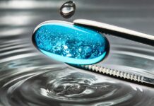 Visualizing Klimawandel / Österreichische Kulturplattform für den Arabischen Raum Das Bild zeigt einen blauen Tropfen, der von einer Zange gehalten wird, vor graugefärbtem Wasser.