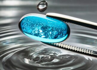 Visualizing Klimawandel / Österreichische Kulturplattform für den Arabischen Raum Das Bild zeigt einen blauen Tropfen, der von einer Zange gehalten wird, vor graugefärbtem Wasser.