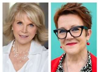 Historikerin Anne Sebba und Journalistin Rosie Goldsmith / Kulturforum London Das Bild zeigt links ein Porträt von Anne Sebba, die in einer weißen Bluse direkt in die Kamera lächelt. Rechts ist ein weiteres Porträt von Rosie Goldsmith, der Moderatorin, die ebenfalls freundlich lächelt. Sie trägt eine rote Jacke und eine schwarze Brille.