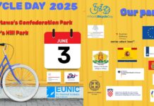 World Bicycle Day 2025/ Kulturforum Ottawa Das Bild zeigt ein farbenfrohes Plakat vor gelbem Hintergrund mit der Überschrift „World Bicycle Day 2025“ in großen, blauen Buchstaben. Links sind Treffpunkt („Ottawa’s Confederation Park“), Endpunkt („Mayor’s Hill Park“) und Startzeit („9 am“) mit passenden Symbolen angegeben. Im Zentrum steht ein blaues Fahrrad vor einer gelben Wand, daneben ein Kalender mit dem Datum „June 3“. Rechts sind unter dem Titel „Our partners“ die Logos und Namen zahlreicher europäischer Botschaften und Institutionen zu sehen – darunter Österreich, Deutschland, Portugal, Spanien, Irland und die EU. Am unteren Bildrand erscheint das Logo von EUNIC. Das Design vermittelt Vorfreude auf eine internationale, gemeinschaftliche Aktion im öffentlichen Raum.