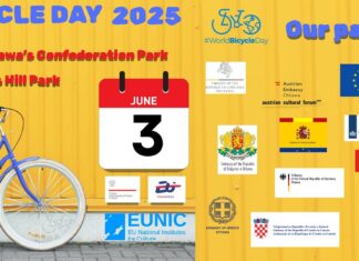 World Bicycle Day 2025/ Kulturforum Ottawa Das Bild zeigt ein farbenfrohes Plakat vor gelbem Hintergrund mit der Überschrift „World Bicycle Day 2025“ in großen, blauen Buchstaben. Links sind Treffpunkt („Ottawa’s Confederation Park“), Endpunkt („Mayor’s Hill Park“) und Startzeit („9 am“) mit passenden Symbolen angegeben. Im Zentrum steht ein blaues Fahrrad vor einer gelben Wand, daneben ein Kalender mit dem Datum „June 3“. Rechts sind unter dem Titel „Our partners“ die Logos und Namen zahlreicher europäischer Botschaften und Institutionen zu sehen – darunter Österreich, Deutschland, Portugal, Spanien, Irland und die EU. Am unteren Bildrand erscheint das Logo von EUNIC. Das Design vermittelt Vorfreude auf eine internationale, gemeinschaftliche Aktion im öffentlichen Raum.