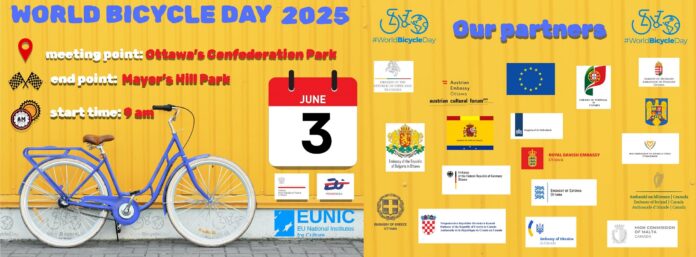 Bild: Embassy of Poland Ottawa Das Bild zeigt ein farbenfrohes Plakat vor gelbem Hintergrund mit der Überschrift „World Bicycle Day 2025“ in großen, blauen Buchstaben. Links sind Treffpunkt („Ottawa’s Confederation Park“), Endpunkt („Mayor’s Hill Park“) und Startzeit („9 am“) mit passenden Symbolen angegeben. Im Zentrum steht ein blaues Fahrrad vor einer gelben Wand, daneben ein Kalender mit dem Datum „June 3“. Rechts sind unter dem Titel „Our partners“ die Logos und Namen zahlreicher europäischer Botschaften und Institutionen zu sehen – darunter Österreich, Deutschland, Portugal, Spanien, Irland und die EU. Am unteren Bildrand erscheint das Logo von EUNIC. Das Design vermittelt Vorfreude auf eine internationale, gemeinschaftliche Aktion im öffentlichen Raum.