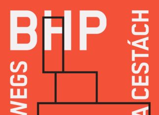 Österreichische Architektur in Prag / Kulturforum Prag Das Bild zeigt die Einladungsgrafik der Ausstellung: eine geometrische Form mit den Schriftzügen BHP, unterwegs und die tschechische Übersetzung na cestách.