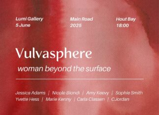 VULVASPHERE – Woman Beyond the Surface / Kulturforum Pretoria Das Bild zeigt ein rot gefärbtes Ausstellungsposter mit allen Ausstellungsdetails wie Title, Ort, Künstlerinnen, versehen mit einem QR Code, der zur Ausstellung führt.