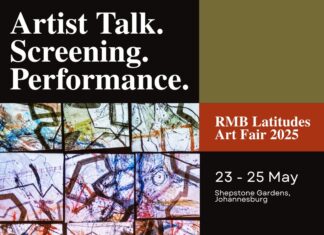 RMB Latitudes Art Fair / Kulturforum Pretoria Das Bild zeigt ein Ausstellungsposter der RMB Latitudes Art Fair mit dem Logo und eine an die Wand projizierte Arbeit (Lichtinstallation) von Marcus Neustetter.