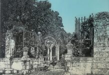 Die Schönheit des Weltkulturerbes / Kulturforum Zagreb Das Bild zeigt eine Grafik eines Wiener Stadtparks in grauen und schwarzen Tönen mit einem blauen Himmel, der sich über den Park erstreckt.