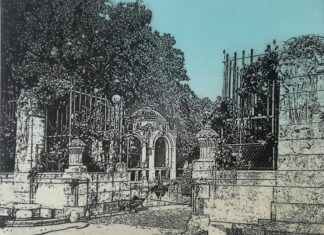 Die Schönheit des Weltkulturerbes / Kulturforum Zagreb Das Bild zeigt eine Grafik eines Wiener Stadtparks in grauen und schwarzen Tönen mit einem blauen Himmel, der sich über den Park erstreckt.