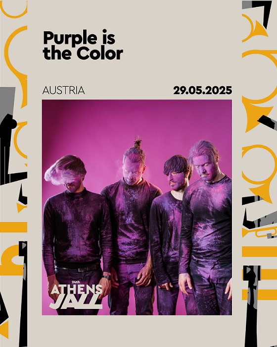 Bild: @ Athens Jazz/Maria Frodl Das Bild zeigt die Formation Purple is the Color eingerahmt von visuellen Elementen des Athens Jazzfestivals.