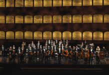 Orchester Divertimento Viennese / Kulturforum Berlin Das Bild zeigt die Mitglieder des „Orchester Divertimento Viennese“. 44 Musikerinnen und Musikern stehen im Rampenlicht der Bühne. Im Hintergrund sehen wir die Prunkvollen Logen eines Konzerthauses, verziert in den Farben Gold und Braun.