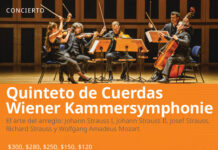 Johann Strauss Jahr 2025 / Kulturforum Mexiko Das Bild zeigt die Wiener Kammersymphonie. Unterhalb befinden sich Datum, Ort und Preis auf einem orangefarbenen Hintergrund.